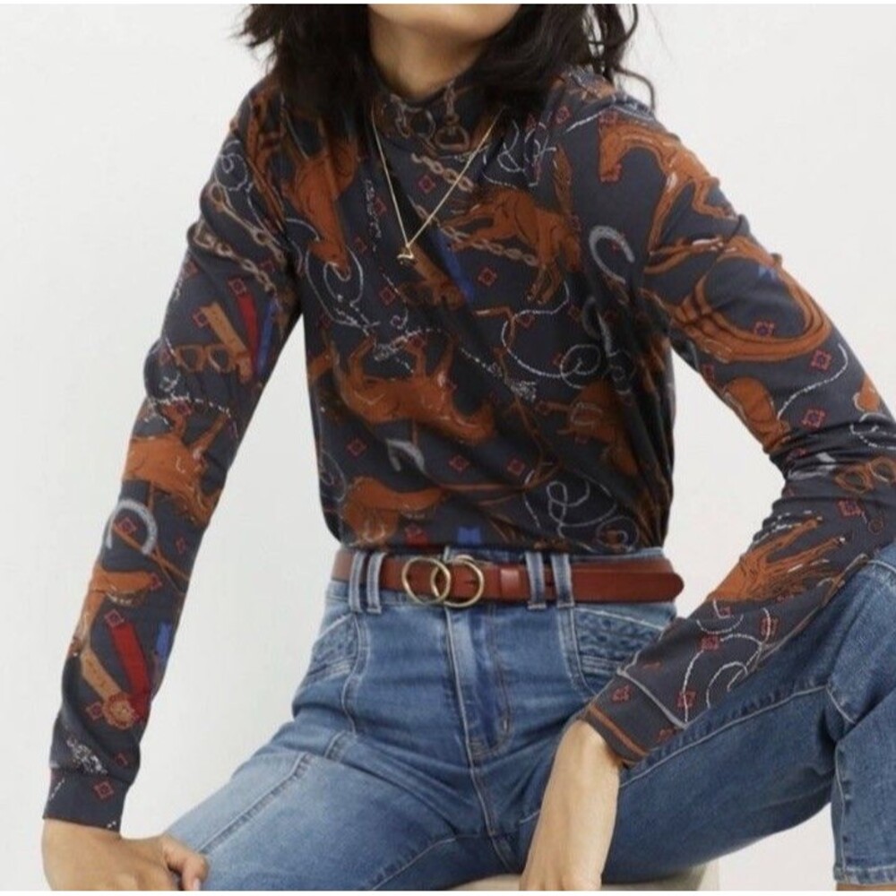 Anthropologie Adventurer Equestrian Horse Mock Neck Long Sleeve Top Size XS